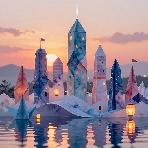 Origami Paper Cityscape at Sunset