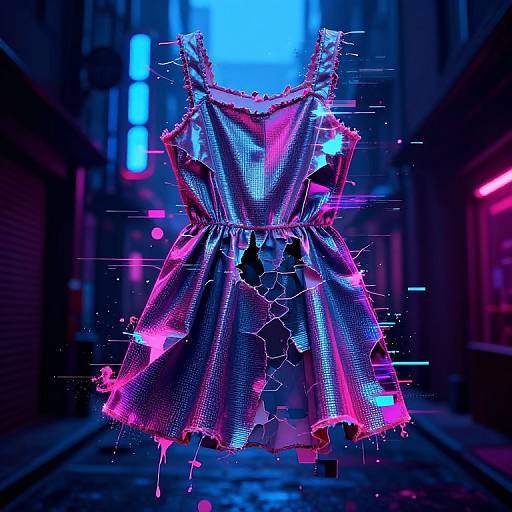 Neon-lit, cyberpunk-style, metallic dress with frilled shoulders and tattered edges, illuminated by vibrant pink and blue lights, hangs in