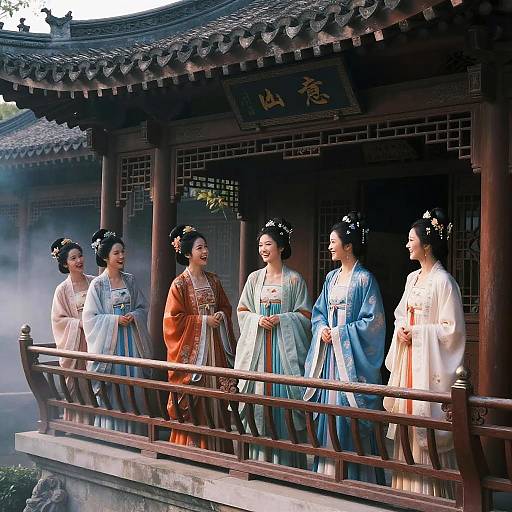 Beautiful Girls on Ancient Balcony Scene