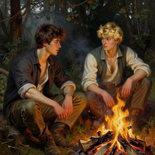 Detailed Painting of Two Men by Fire