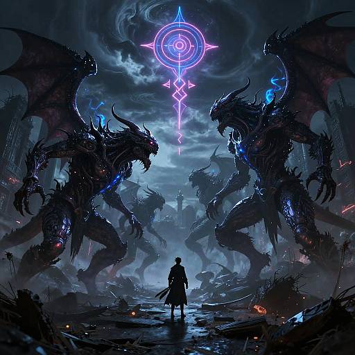 Digital fantasy artwork: Silhouetted warrior stands facing two glowing, menacing dragons with blue and purple accents under a radiant, circular, magical symbol in