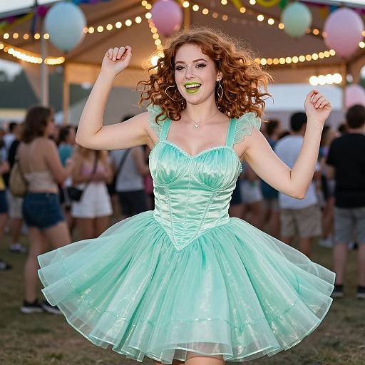Photograph of a smiling woman with curly red hair, wearing a light green, satin, puffy dress, dancing at a festive outdoor event with colorful