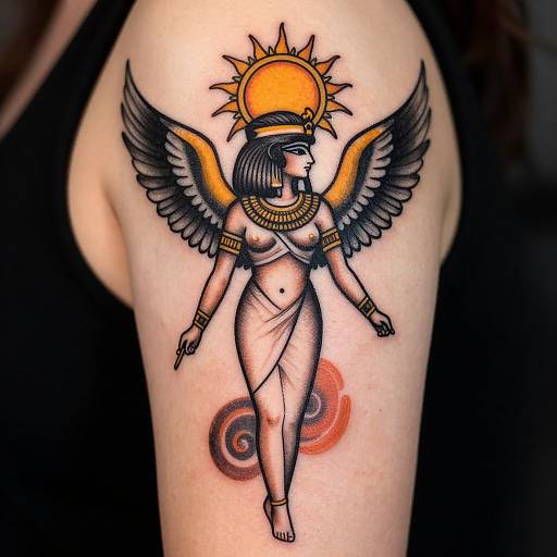Tattoo of an Egyptian goddess with black wings, golden sun halo, black hair, and white dress on human thigh. Vibrant colors. Phot