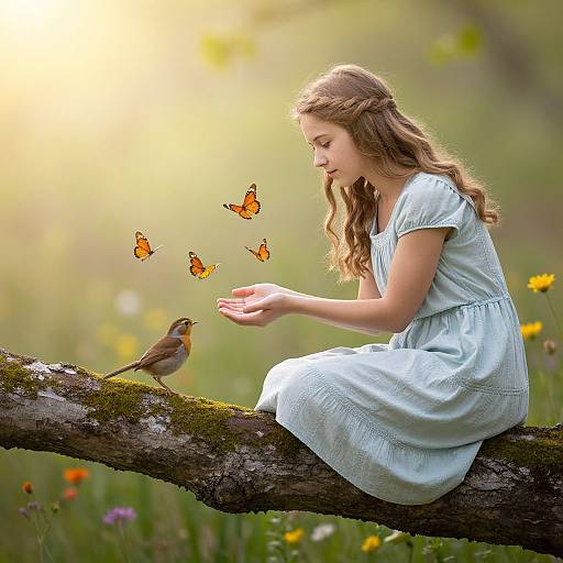 Photograph of a young girl with wavy brown hair, wearing a light blue dress, sitting on a mossy tree branch, gently holding out her