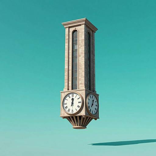 Photorealistic digital rendering of a floating, beige clock tower with two white clock faces against a clear, bright blue sky.