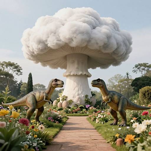 Photorealistic CGI: Two green, scaly velociraptors stand on a brick path leading to a massive, white mushroom cloud in a vibrant,