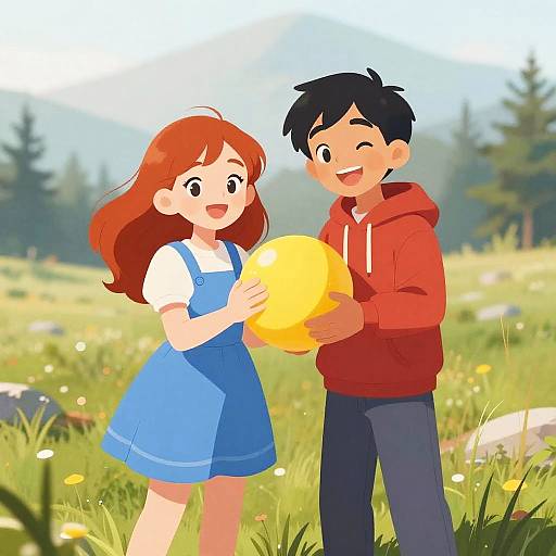 Cartoon-style illustration of a smiling red-haired girl in a blue dress and a black-haired boy in a red hoodie holding a yellow ball in a sunny