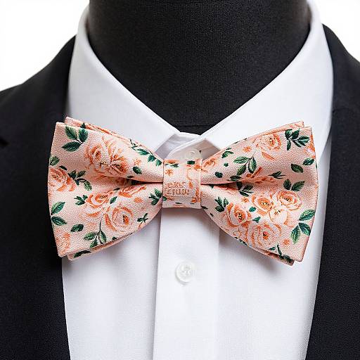 Photograph of a floral pink bow tie with peach roses and green leaves, worn over a white dress shirt and black tuxedo.