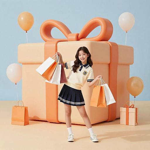 Teen Girl with Shopping Bags and Giant Gift Box