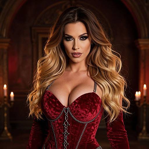Photograph of a glamorous woman with long, wavy blonde hair, wearing a deep red velvet corset with chain details, standing in a dimly