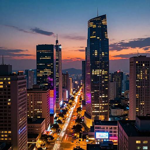Photograph of a cityscape at dusk, featuring tall illuminated skyscrapers, vibrant streetlights, and a colorful sunset sky over busy streets.