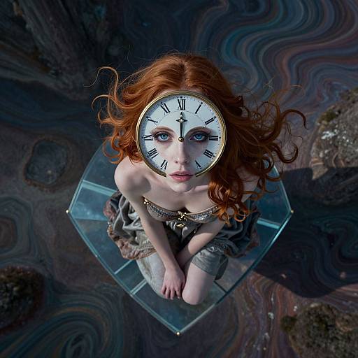 Digital art of a red-haired woman with a clock face for a head, sitting on a glass platform over swirling, marbled water.