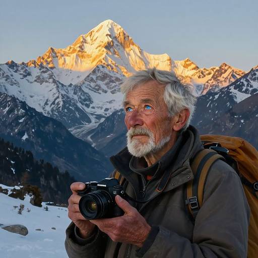 Elderly man with white beard and blue eyes, holding camera, stands in snow-covered mountain range with sunlit peak in background.