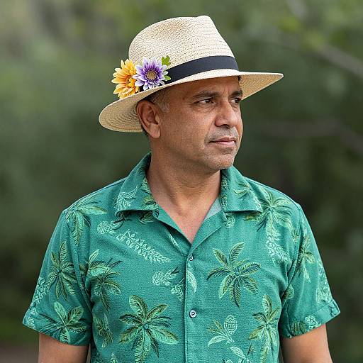 Photograph of a middle-aged man with medium brown skin, wearing a green floral shirt and white straw hat with yellow and purple flowers, against a blurred
