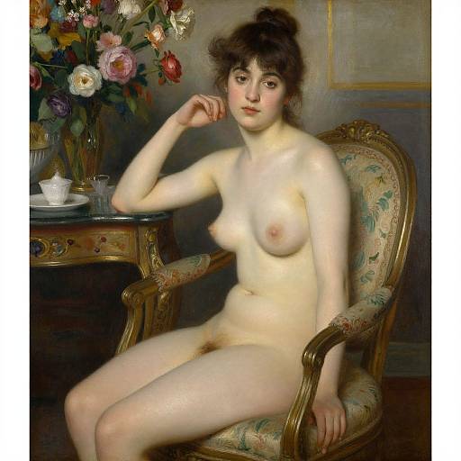 Realistic oil painting of a fair-skinned, nude woman with brown hair, small breasts, and pubic hair, seated on a floral armchair