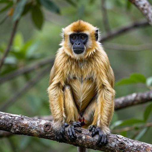 Photograph of a golden-brown monkey with black face sitting on a tree branch in a lush, green forest background.