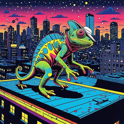 Psychedelic Chameleon on Neon Rooftop