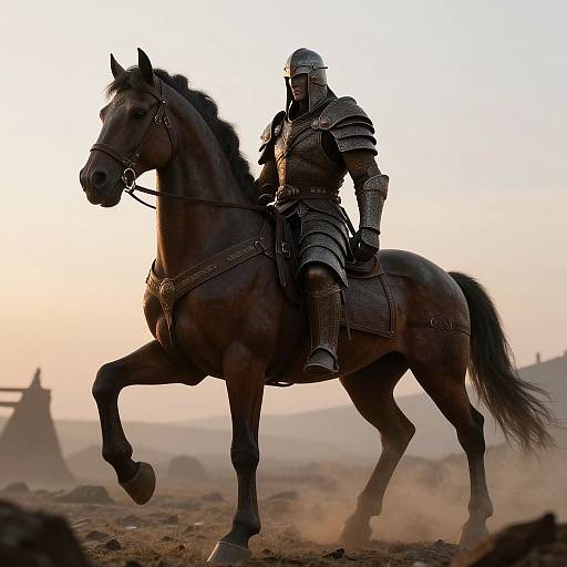 Photograph of a medieval knight in silver armor riding a powerful, dark brown horse in a dusty, sunlit battlefield.