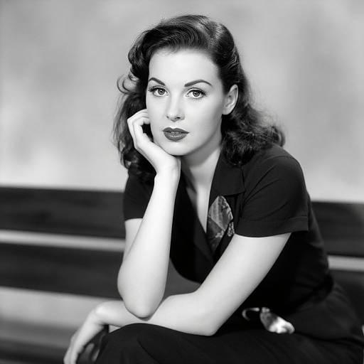 Black-and-white photograph of a 1940s-style woman with wavy dark hair, black dress, and bold lipstick, seated on a bench,