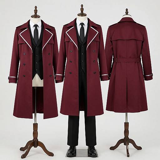 Photograph of three mannequins displaying a deep maroon trench coat, one in front view, one in side view, and one from the