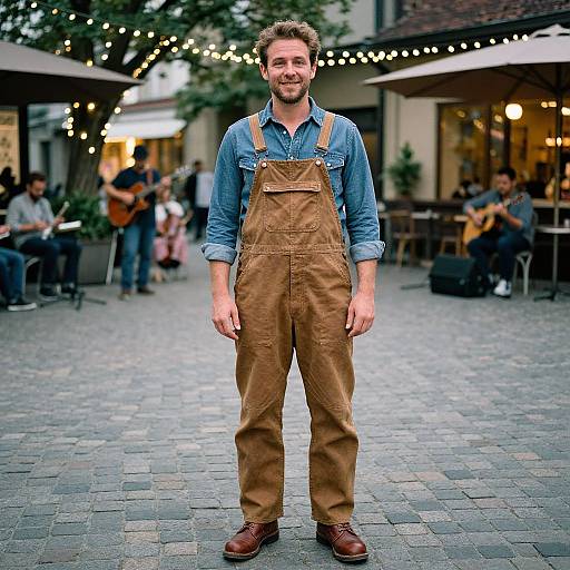Photograph of a smiling man with light brown hair and beard, wearing blue denim shirt and brown overalls, standing on a cobblestone street,
