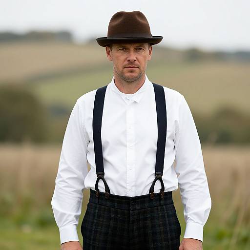 Photograph of a middle-aged man in white shirt, black suspenders, and kilt, wearing a brown fedora hat, standing in a blurred