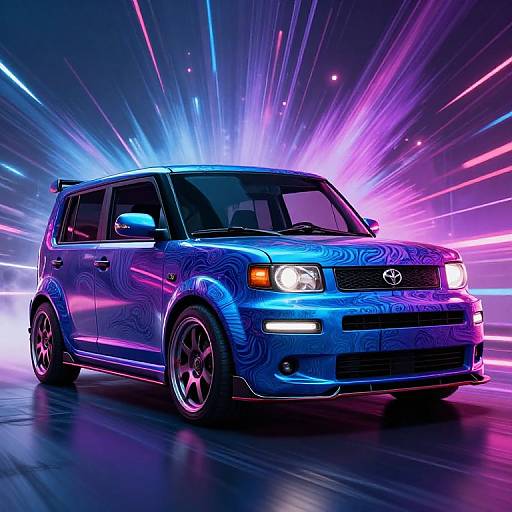 Photograph of a neon blue Toyota hatchback with glowing pink and purple lights in the background, radiating energy and speed.
