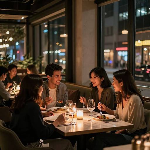 Photograph of four young adults laughing and chatting at a dimly-lit, modern restaurant, illuminated by candlelight, with city lights visible through large