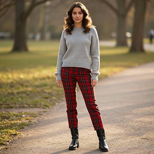 Photograph of a woman with wavy dark hair, wearing a gray knit sweater, red plaid pants, and black ankle boots, standing on a