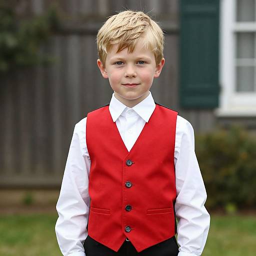 Photograph of a young blond boy with light skin, wearing a red vest, white shirt, and black pants, standing outdoors in front of a wooden