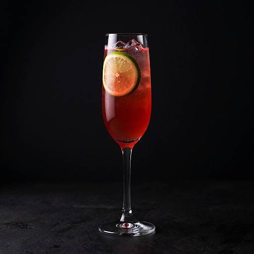 Photograph of a red cocktail in a tall champagne glass, with a lemon slice and ice, against a black background.