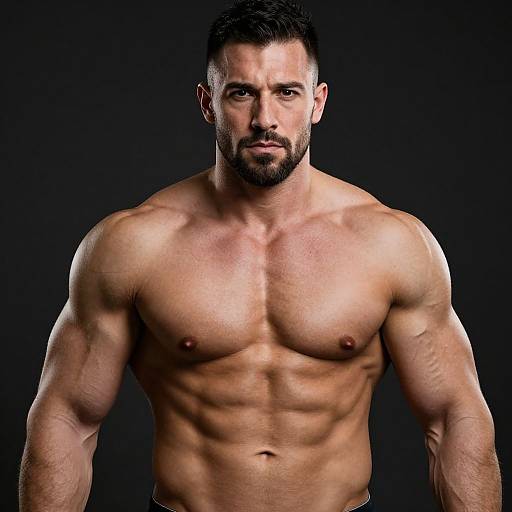 Photograph of a muscular, bearded, shirtless man with defined abs and biceps, dark hair, serious expression, against a black background.