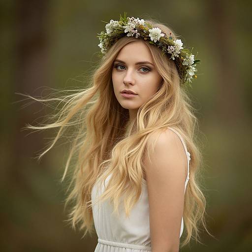 Photograph of a young blonde woman with long, wavy hair, wearing a white dress and a flower crown, against a blurred forest background. She