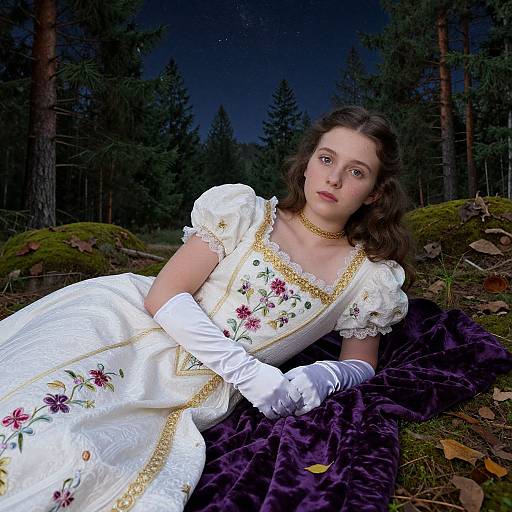 Photograph of a young woman with fair skin and dark brown hair, wearing a white, floral-embroidered Victorian dress, white gloves, and