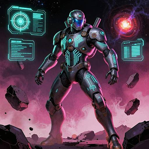 Digital art: Glowing, futuristic, armored warrior in neon blue and purple, standing on rocky terrain with floating debris, holographic displays, and a