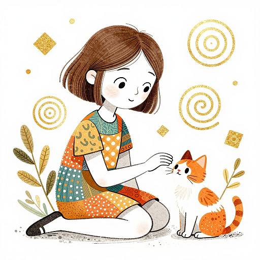 Girl Petting Orange Cat Illustration