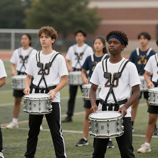 Diverse High School Drummers on Grassy Field
