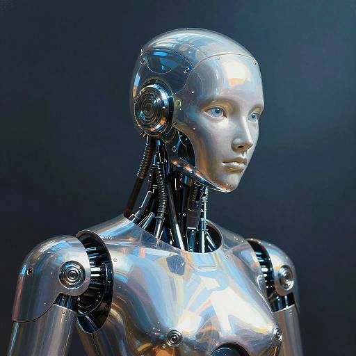 Photorealistic CGI of a silver, shiny humanoid robot with blue eyes, intricate mechanical joints, and a reflective surface, set against a dark blue background