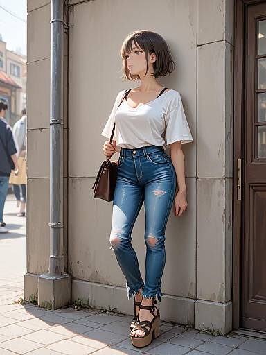 Digital illustration of a young woman with short brown hair, wearing a white tee, ripped blue jeans, and brown platform sandals, standing against a stone wall