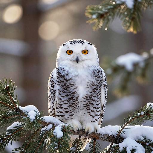 Photograph of a snow owl with striking yellow eyes, perched on a snow-covered pine branch, set against a blurred winter forest background.