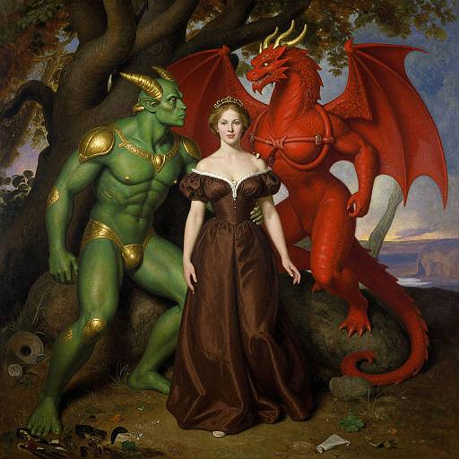 Classic painting of a fair-skinned woman in a brown gown, flanked by a green, muscular goblin and a red, winged dragon.