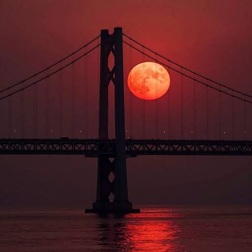 Photograph of a red moon rising behind a dark, silhouetted suspension bridge with its reflection shimmering on the water.
