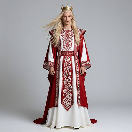 Photograph of a blonde woman with long hair wearing a gold crown, red and white ornate robe, and standing against a plain gray background.