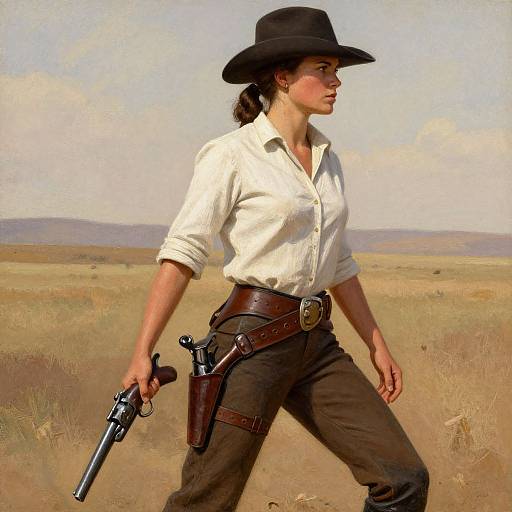 Digital painting of a determined woman in a white shirt, black hat, brown pants, and leather belt, holding a revolver in a dry, grassy