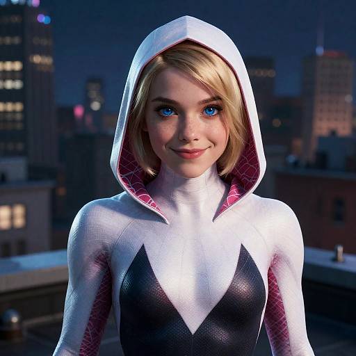 Female Spider Gwen in Costume on Rooftop at Night