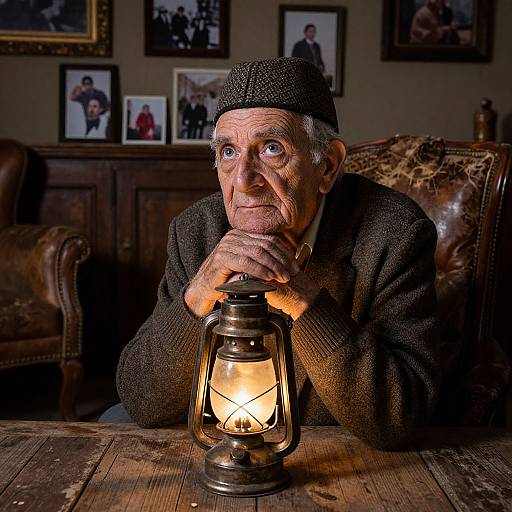 Photograph of an elderly man with wrinkles, wearing a dark cap and sweater, resting his chin on hands, holding a lit lantern on a wooden table