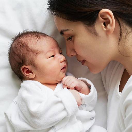 Photograph of an Asian woman with dark hair gently gazing at her sleeping newborn baby, both dressed in white, on a white bed.