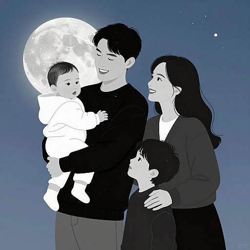 Heartwarming Family Illustration in Black-and-White