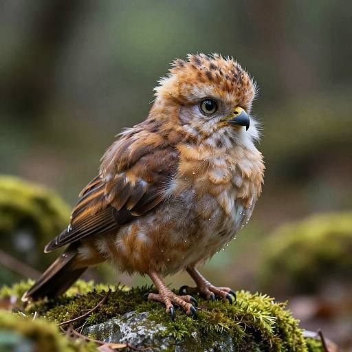 Photograph of a fluffy, brown and white juvenile sparrow with dew drops on its feathers, standing on mossy rock in a blurred forest background.