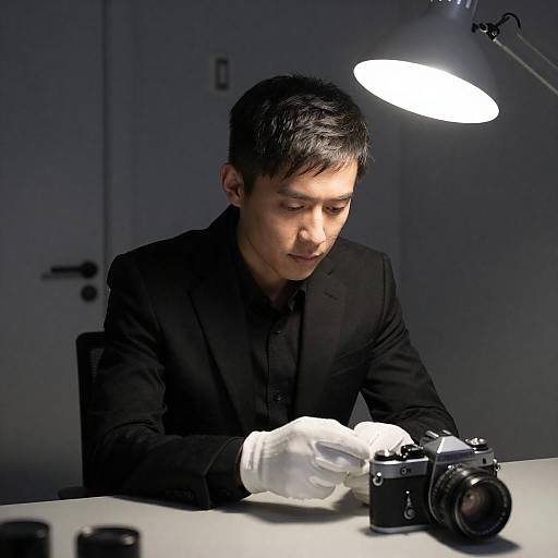 Man Examining Vintage Camera with White Gloves